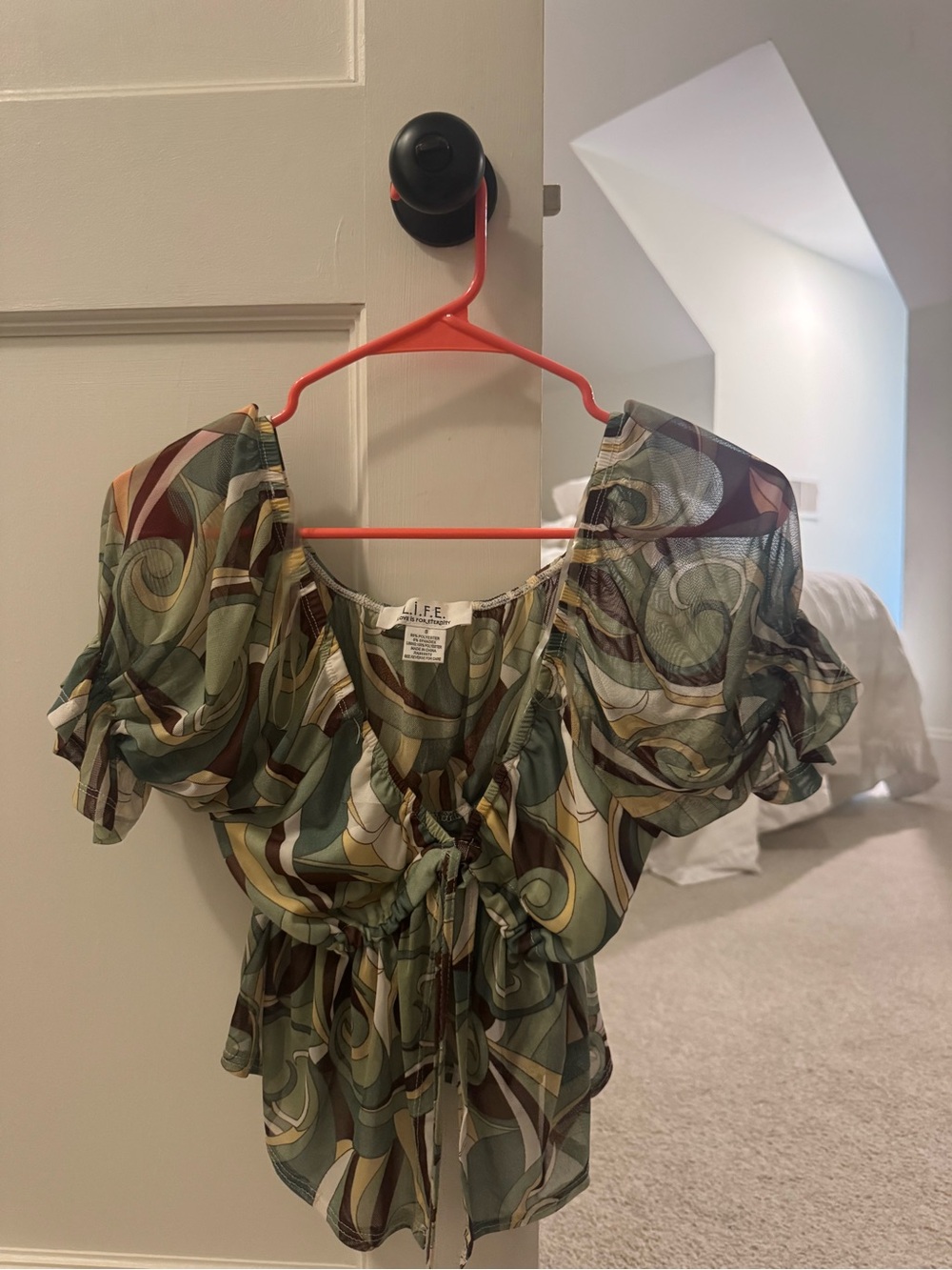 Green Abstract Print Tie-Front Puff Sleeve Blouse